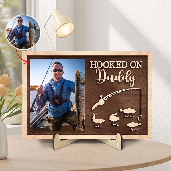 Personalized Dad Wooden Plaque, Hooked On Daddy Fishing Wood Sign